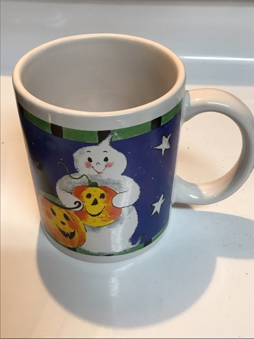 Festive Halloween Ghost & Pumpkin Ceramic Mug - White Blue